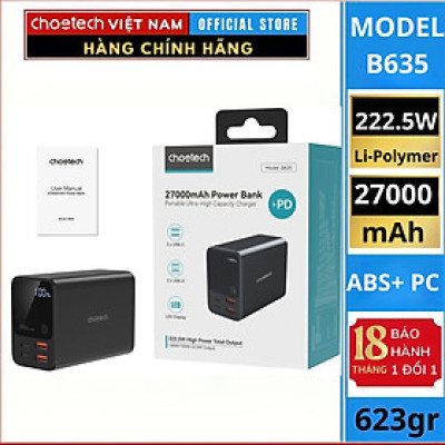 Pin dự phòng Choetech B635 sạc nhanh công suất cao 222.5W  dung lượng 27000mAh (Hàng chính hãng)