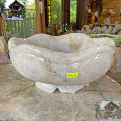 Bát sen thả hoa tắm Phật đá thạch anh hồng NHA SAN BTH01 Đặt trên bàn thờ Phật, bàn thờ Thần Tài - Thổ Địa - 9.5 kg (30x13.5cm)