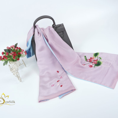 Khăn Thêu Tay Cao Cấp Hoa Sen 2 Màu 100% Lụa Tơ Tằm SenSilk, Silk Handmade Embroidery, Khăn Quàng Cổ Lụa