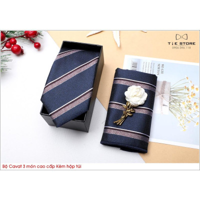 Ca Vat bộ 3 món kèm hộp túi xách cao cấp, quà tặng chú rể, Cavat họa tiết kẻ đồng bộ