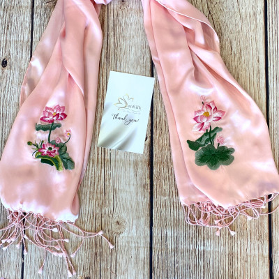 Khăn Lụa Thêu Tay Hoa Sen - SenSilk Embroidery Silk made in Vietnam - Quà Tặng Doanh Nhân - 100% Lụa Tơ Tằm Bảo Lộc Cao Cấp Rụa Tay Thủ Công 200*55cm