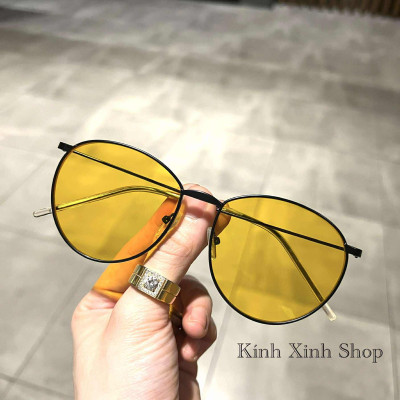 Kính râm Mắt tròn vàng thiết kế đơn giản đi ngày đêm + Tặng hộp đựng, khăn lau