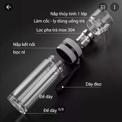 Bình thủy tinh giữ nhiệt 3 lớp Nhà của Mẹ có ngăn lọc trà và quai xách quai cấp, dung tích 500ml, kích thước 24 x 6,5 cm,  - màu sắc giao ngẫu nhiên