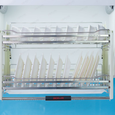 Giá đựng bát 2 tầng bằng inox (Giá bát đĩa di động nâng hạ Gerari chính hãng, chất liệu Inox 304 bóng mờ cao cấp)