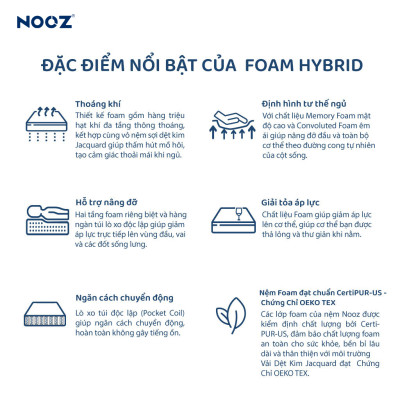 Nệm Foam Hybrid 25cm Nooz Home Goods Tiêu Chuẩn CertiPUR-US Ruột Đệm Lò Xo Túi Độc Lập Kết Hợp Cùng 2 Tầng Cao Su Non (Convulated Foam và High Density Foam)