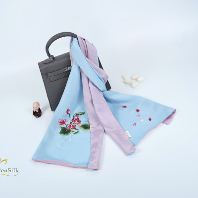 Khăn Thêu Tay Cao Cấp Hoa Sen 2 Màu 100% Lụa Tơ Tằm SenSilk, Silk Handmade Embroidery, Khăn Quàng Cổ Lụa