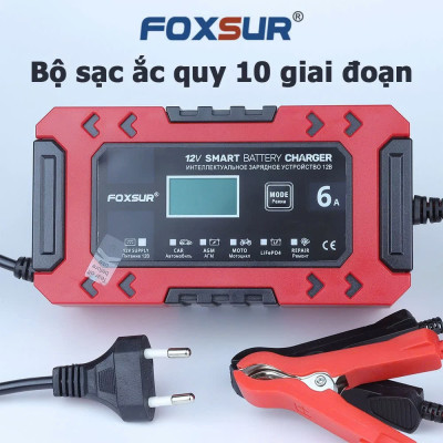 Bộ Sạc Ắc Quy FOXSUR 12V 6A Hàng Nhật – Sạc Thông Minh 10 Giai Đoạn, Khử Sunfat, Tự Động Ngắt Cho Ắc Quy 4AH - 120AH