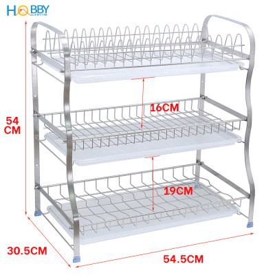 Kệ chén Inox 3 tầng Hobby home decor KC3T cao cấp kèm khay nhựa hứng nước - lắp ráp tiện dụng - không rỉ sét