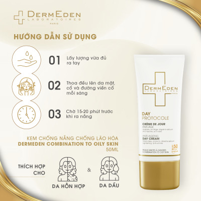 Kem Chống Nắng SPF50 PA+++ có kết hợp dưỡng ẩm ban ngày cho da dầu DERMEDEN chống lão hóa mờ đốm nâu 4 trong 1 50ml