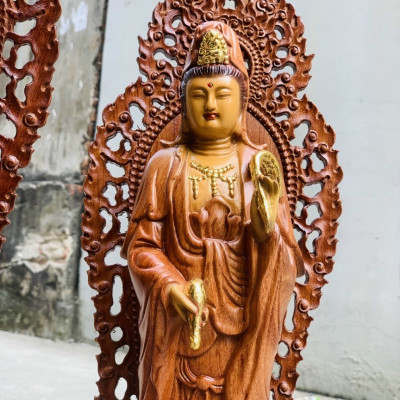Bộ tượng phật tam thánh bằng gỗ hương đá làm mầu giả cổ kt cao 40cm