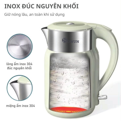 Ấm Siêu Tốc Chính Hãng SOWUN SW1601 1.8L, Chất Liệu INOX Nguyên Khối, Công Suất 1800W Đun Sôi Nước Nhanh