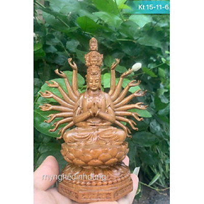 Tượng phật thiên thủ thiên nhãn ngài nghìn mắt nghìn tay bằng gỗ bách xanh thơm nức kt cao 15x11x6cm 