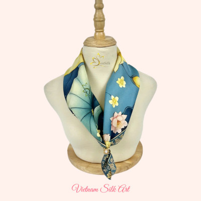 100% Silk Printed Scarf 3D Gold Lotus - Quà Việt Nam Đẳng Cấp - Khăn Lụa Vuông Thời Trang SenSilk 65x65cm