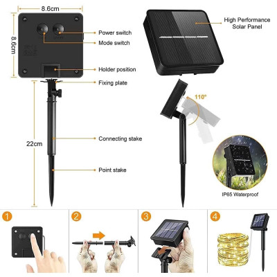Cuộn Dây Đèn LED Trang Trí Sân Vườn Năng Lượng Mặt Trời – Nhiều Màu, Siêu Đẹp, Dài 22m