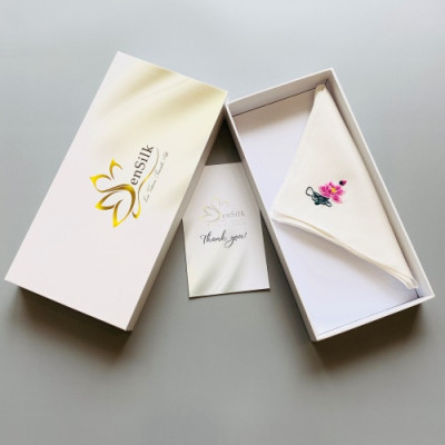 Khăn Tay Lụa Thêu Hoa Sen (Trắng) - SenSilk Lotus Hand-Embroidered Handkerchief