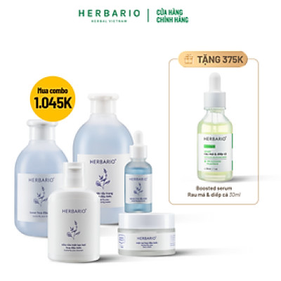 Bộ 5 dưỡng ẩm và trẻ hóa da toàn diện Hoa đậu biếc Herbario: Nước tẩy trang 300ml + Sữa rửa mặt 100ml + Toner 200ml + Serum 30ml + Mặt nạ 30ml