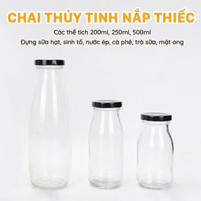 Chai Thủy Tinh Đựng Sữa Hạt, Nước Ép, Trà Sữa - Nắp Thiếc, Nắp Nhôm, Nắp Nhựa 300ml, 500ml - HÀNG CHÍNH HÃNG MINIIN