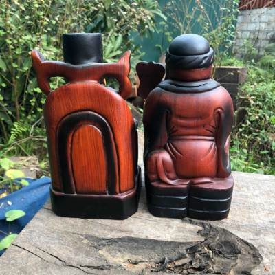 Cặp tượng ông thần tài thổ địa bằng gỗ hương đá tô làm mầu giả cổ cao 30cm
