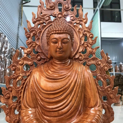 Tượng phật thích ca bằng gỗ hương đá kt cao 50×25×25cm + lá chắn hòa quang 60cm