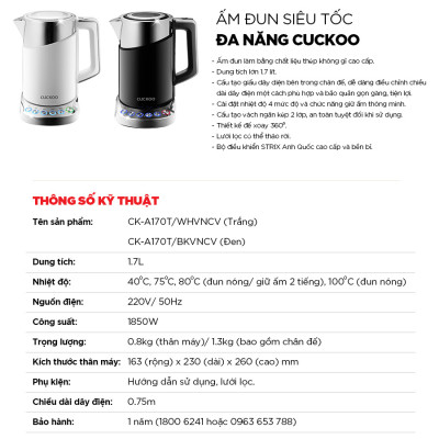 Bình đun siêu tốc đa năng Cuckoo CK-A170T dung tích lớn 1.7L - 1850W - Điều chỉnh nhiệt độ nước - Hàng chính hãng