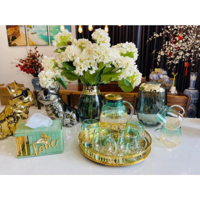 Combo bình đụng nước uống 6 cốc thủy tinh chịu nhiệt cao cấp ánh vàng xanh kèm khay và giá úp cốc