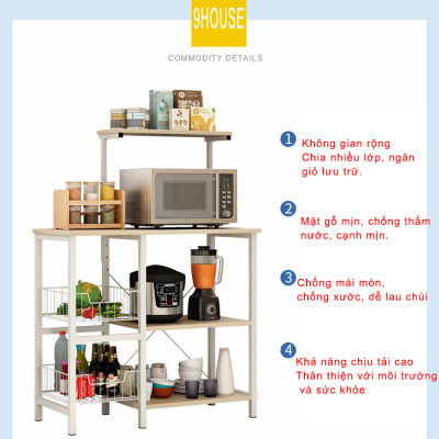 Kệ lò vi sóng đa năng 185N thương hiệu 9House kệ bếp để lò nướng nồi cơm điện kèm giá rổ để rau củ gia vị loại khung sắt dày sơn tĩnh điện chống rỉ mặt gỗ MDF lõi xanh chống ẩm bề mặt phủ melamine chống thấm cao cấp - Hàng chính hãng