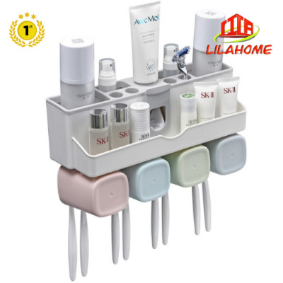 Giá Treo Bàn Chải Đánh Răng, Lấy Kem Đánh Răng Tự Động, Lưu Trữ Vật Dụng Ngăn Nắp - Tặng Kèm 4 Cốc Và Miếng Dán Tường - Chính Hãng