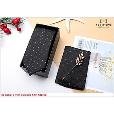 Ca Vat bộ 3 món kèm hộp túi xách cao cấp, quà tặng chú rể, Cavat họa tiết đen chấm bi