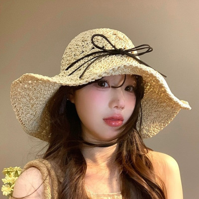 Nón mũ rộng vành gấp gọn đi biển du lịch dã ngoại thoáng mát chất liệu cói phong cách Hàn Quốc  phối dây da đen dona25042501