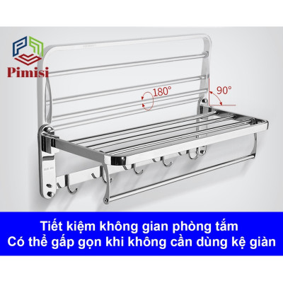 Giá Treo Khăn Tắm Inox 304 Pimisi Có Móc Áo Quần, Với Vắt Khăn Giàn Gấp Gọn Đa Năng Và Thanh Đơn Treo Khăn Mặt Kèm Đinh Ốc Vít Nở Gắn Tường Bằng Khoan Trong Nhà Vệ Sinh | Hàng Chính Hãng