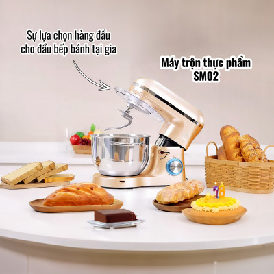 Máy Trộn Thực Phẩm Làm Bánh SM02 Đa Năng 3 Trong 1, Có Nắp Tiếp Liệu, Thố Inox 304 Dung Tích 5.5 Lít, Hàng Chính Hãng