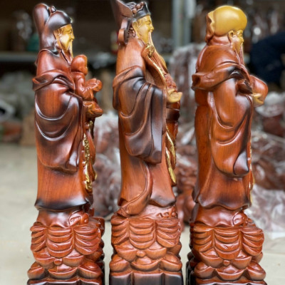 Bộ tượng phật tam đa phúc lộc thọ bằng gỗ hương đá tô làm mầu giả cổ kt cao 50×15×12cm