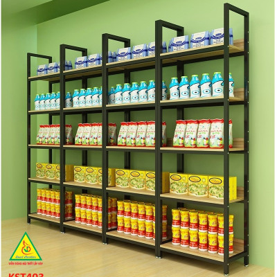 Kệ trưng bày sản phẩm, hàng hóa , kệ trang trí khung sắt mặt gỗ KST403 - Nội thất lắp ráp Viễn Đông Adv