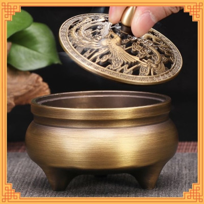 Lư đồng xông trầm nắp chọn mẫu kèm đế đôn đồng tặng trụ cắm hương