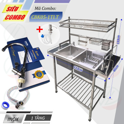 COMBO Chậu Inox 2 Hộc Có Chân Kèm Kệ Úp Chén Đa Năng - Gồm chậu 2 hộc, chân, kệ chén 1 tầng hoặc 2 tầng, vòi Luxta lạnh, tặng rổ rút, dây cấp, keo lụa