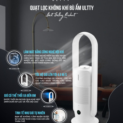 Máy Lọc Không Khí Bù Ẩm ULTTY SKJ-CR022 Dạng Quạt, Diệt Khuẩn Bằng Tia UV, Chế Độ Làm Mát 9 Cấp, Bộ Lọc HEPA H13 Loại Bỏ 99,97% Bụi Mịn, Vi Khuẩn, Virut, Bù Ẩm 3 Cấp - Hàng Chính Hãng