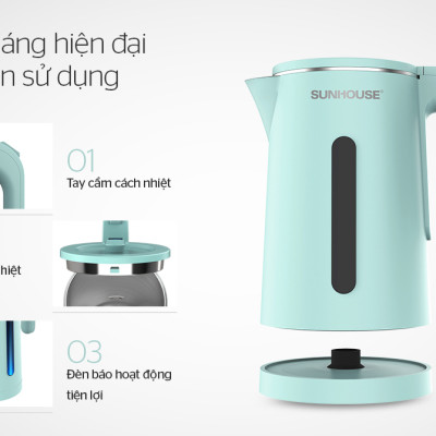 [Hàng Chính Hãng]  Ấm Siêu Tốc Inox 2 Lớp Sunhouse SHD1351 1.8 Lít - Bảo Hành 12 Tháng Toàn Quốc
