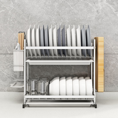Kệ chén đa năng 2 tầng inox 304 Hobby Home Decor KC2T kèm khay hứng nước, ống đũa, giá treo thớt không rỉ sét