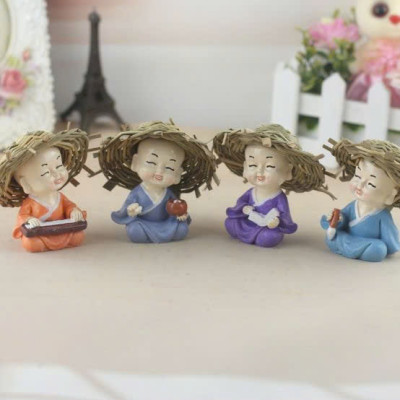 Bộ 4 chú tiểu nón rơm Cầm kỳ thi hoạ - Trang trí hồ cá, xe hơi, bàn làm việc,... (Hàng loại 1 sắc nét)