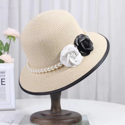 Mũ rộng vành nón đi biển chống nắng gắn hoa voan đen trắng dây đai ngọc trai nhân tạo thời trang Hàn Quốc dona25073102