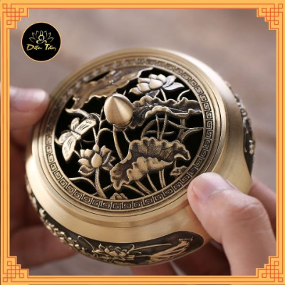  Lư xông trầm hương khắc Sen cổ điển tặng combo nhang vòng/ trầm nụ