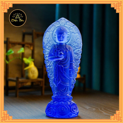 Tượng phật dược sư lưu ly tượng dược sư đứng hào quang xanh dương trang trí 23cm phong thủy, thờ cúng Diệu Tâm