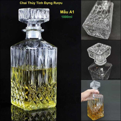 Chai Thủy Tinh Đựng Rượu 1 Lít (combo 2 cái) mẫu vuông mắt dứa và vuông lá cọ - Vỏ Chai Rượu Đẹp 1000ML – Bình Đựng Rượu cao cấp (A1,A6)