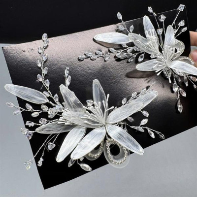 Cài tóc cô dâu hoa ánh nhũ bạc đính hạt đá mới