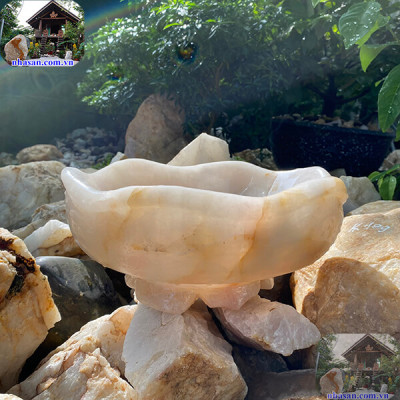 Bát sen thả hoa tắm Phật đá thạch anh hồng NHA SAN BTH01 Đặt trên bàn thờ Phật, bàn thờ Thần Tài - Thổ Địa - 9.5 kg (30x13.5cm)