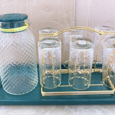 BỘ KHAY SỨ XANH CỔ VỊT, BÌNH ĐỰNG NƯỚC KALANDI KÈM 6  LY THỦY TINH DÁNG CAO, GIÁ TREO CỐC - ANTH253