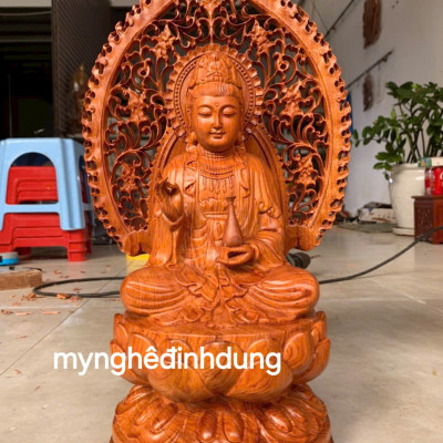 Tượng mẹ quan âm bồ tát bằng gỗ hương đá  cao 40x20x20cm + lá chắn hào quang cao tổng 52cm 