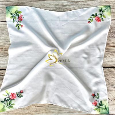 Khăn Lụa Quấn Túi Cao Cấp Vẽ Tay Hoa Hồng SenSilk, Khăn Lụa Tơ Tằm Quấn Cổ Thắt Nơ 55x55cm