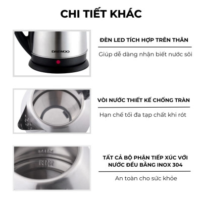 Ấm siêu tốc inox 304 cao cấp đảm bảo an toàn 1.8L Daewoo DWK-S1805 đế xoay 360 độ - Hàng chính hãng BH 2 năm - Hàng chính hãng