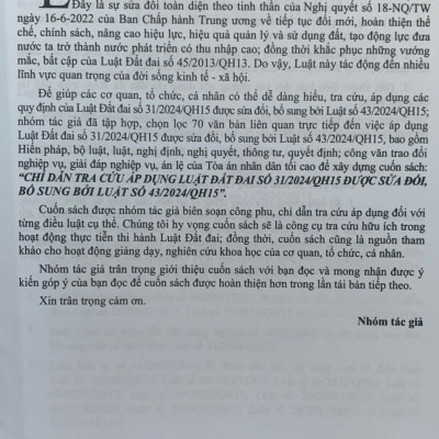 Chỉ dẫn tra cứu áp dụng Luật Đất Đai số 31/2024/QH15 được sửa đổi, bổ sung bởi luật số 43/2024/QH15